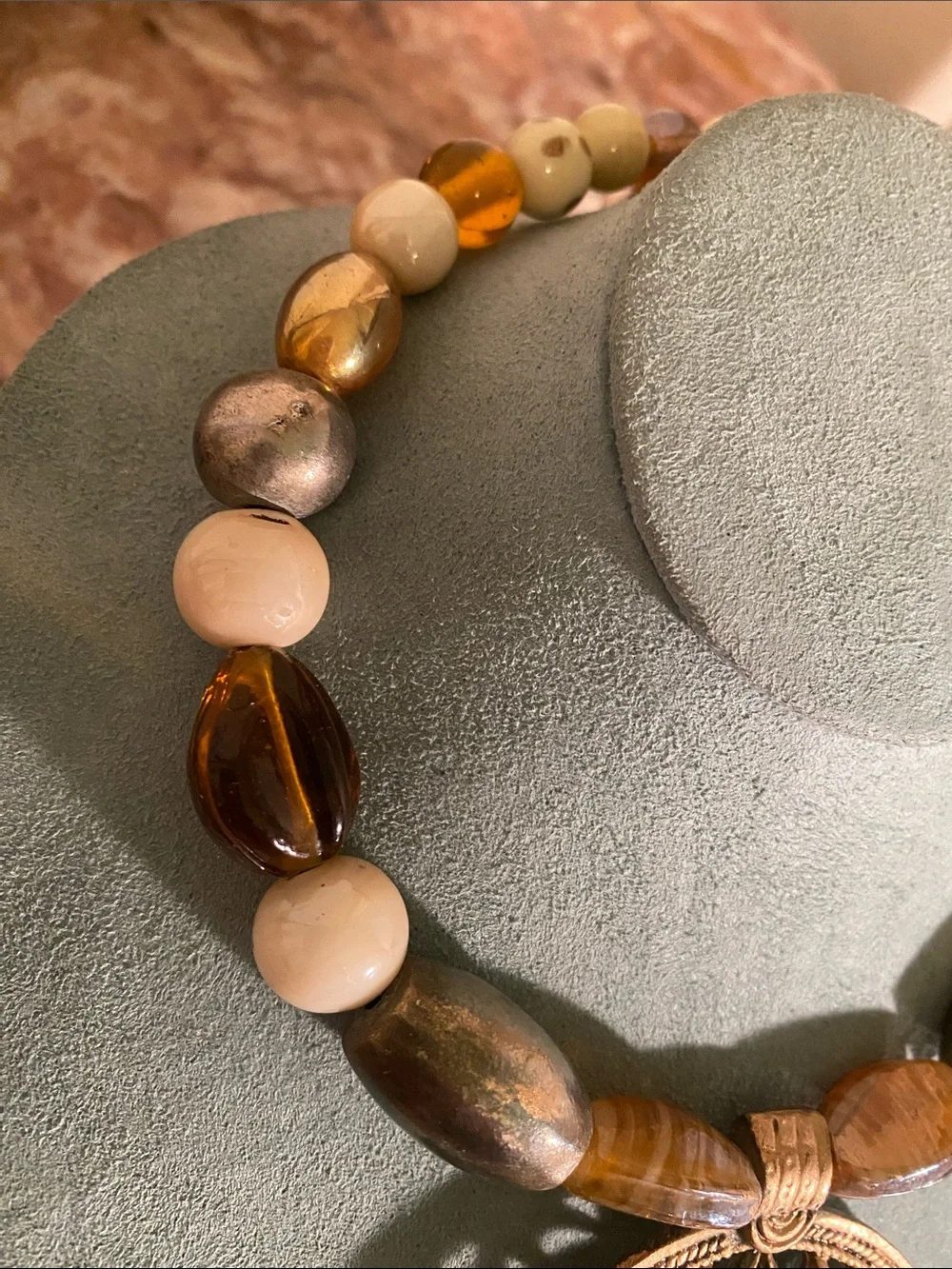 Boho Statement Necklace Mixed Beads Large Gold Tone Medallion Pendant